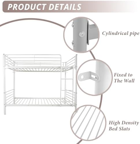 Karl home Metal Bunk Bed Twin Over Twin with Built-in Ladder, White