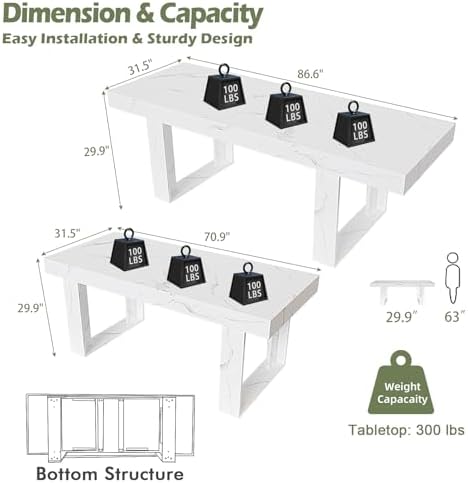 71-87 Inch White Extendable Dining Table, Seats 6-10, Modern Kitchen Table