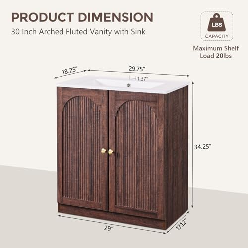 IFBUY 30 Inch Arched Bathroom Vanity with Sink, Fluted Design, Dark Walnut | Modern Bathroom Vanity Cabinet w/Adjustable Storage Shelf, Freestanding Single Bathroom Vanity w/Ceramic Basin, Space-Saving