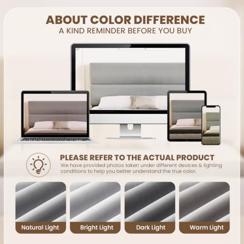 GRUSIGN Queen Size Platform Bed Frame with Velvet Headboard, Adjustable Height Wooden Slats Support, Upholstered Mattress Foundation, Fits Mattress or Mattress with Box Spring, Easy Assembly, Grey