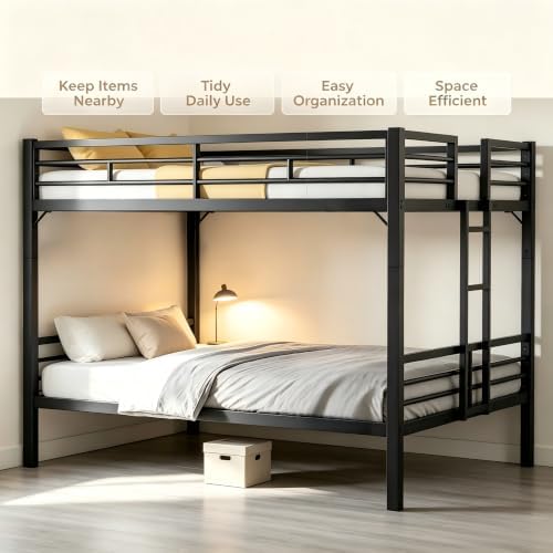 PVWIIK King Over King Metal Bunk Bed with Guardrails,Ladder,Black