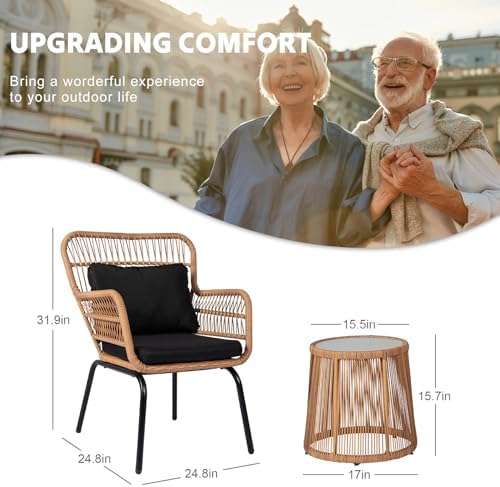 3 Piece Outdoor Wicker Furniture Bistro Set, Rattan Chairs Conversation Sets with Solar Light, Wicker Patio Furniture for Balcony Poolside Backyard, Black