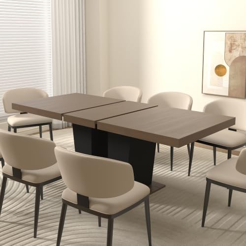 Extendable Dining Table for 6 to 10 People, 63" to 79" Expandable Kitchen Table, Modern Wood Large Dining Room Table(Black Base with Brown Tabletop, Pedestal Base B)