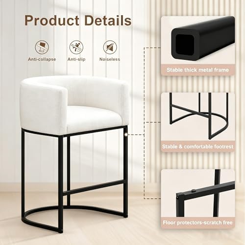 26" H Counter Height Bar Stools Set of 4, Modern Barrel Counter Stools with Backrest and Arms, Linen Fabric Upholstered Accent Barstools for Kitchen Island,Support 450 LBS (White)