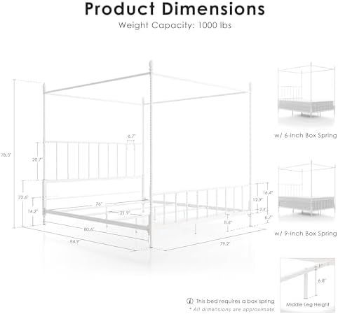 Furniture of America Vaeli Modern Metal King Size Four Poster Bed Frame with Spindles, Canopy Bedframe for Bedroom, Guest Room, Box Spring Required, White