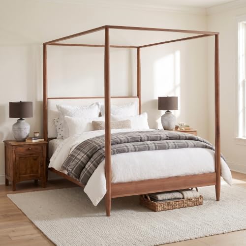 Merax King 4-Poster Wood Canopy Bed with Boucle Headboard, Walnut