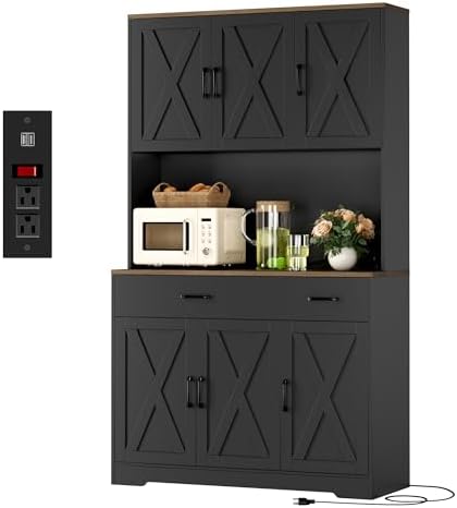HOSTACK 71"H Kitchen Pantry Storage Cabinet, Farmhouse Hutch Cabinet, Black