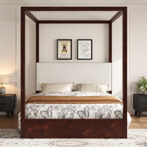 Queen Size Canopy Bed with Upholstered Headboard (Espresso)