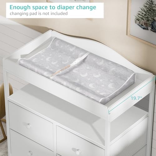 BOLUO Changing Table Dresser with 4 Fabric Drawers and Open Shelf, Baby Dresser with Changing Table Top Diaper Changing Station with Storage for Nursery Modern (White)
