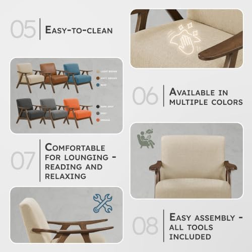 Lexicon Mid Century Modern Accent Chair with Walnut Wood Frame, Light Brown