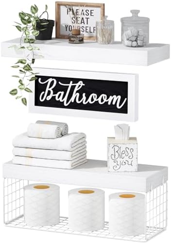QEEIG ‎Bathroom Shelves with Decor Sign (White, 15.7")