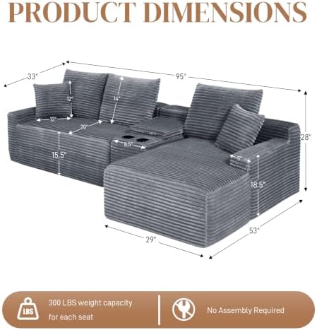 95" L Shaped Cloud Couch Modular Sectional Sofa, Comfy Fluffy Corduroy Grey Boneless Sectional Couches for Living Room, Modern Cloud Sofas with Cup Holders & Right Facing Chaise, Grey