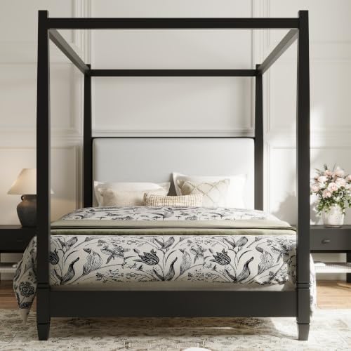 Queen Size Wood Canopy Bed Frame, Black Vintage Four-Posters Platform Bed