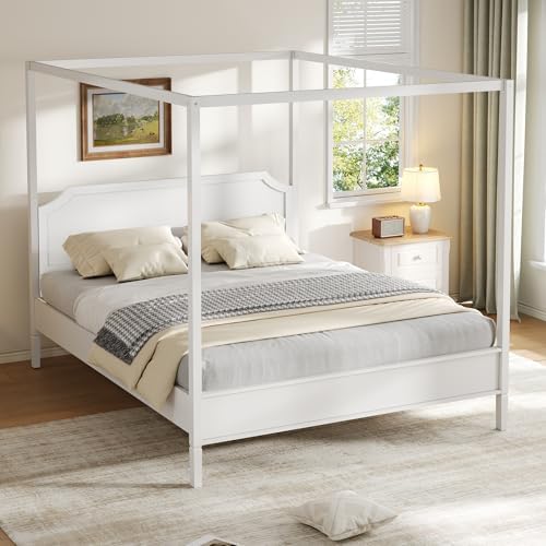 LUMISOL Queen Size Wood Canopy Platform Bed with Headboard, Vintage Four-Poster Platform Beds with Slat Support and Under-Bed Storage Space, 4 Corner Canopy Bed Post Frame, Creamy White