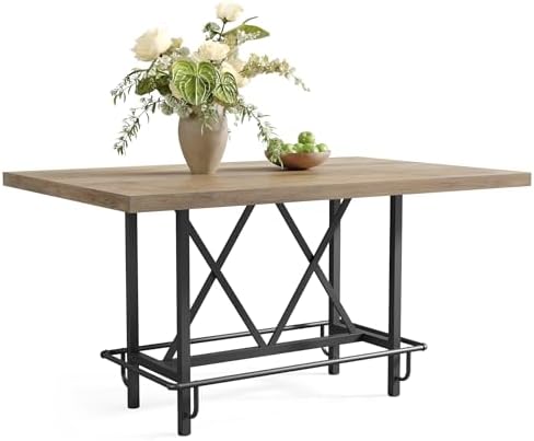 LITTLE TREE 63-Inch Industrial Bar Table with Metal Footrest, Counter Height Pub Table for Kitchen, Home Bar & Entertaining (Rustic Gray)