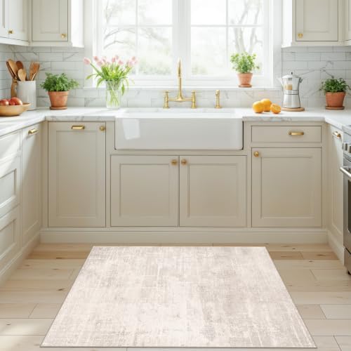 Washable 3x4 Kitchen Area Rugs: Abstract Stain-Resistant Sink Rug Non-Slip Durable Doormat Ultra Soft Bedroom Nursery Besides Carpets Indoor Water Resistant Bathroom Floor Mat(3x4,Beige/Cream)