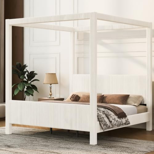 King Size Canopy Bed with Upholstered Headboard & Footboard, Beige
