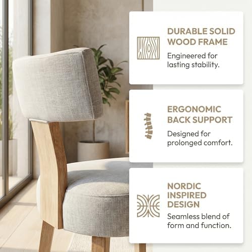 HNY Set of 4 Mid Century Modern Dining Chairs, Farmhouse Linen Fabric Upholstered Accent Chair Curved Backrest Kitchen Chairs, with Hardwood Frame, Grey