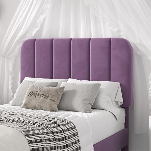 VECELO Twin Size Bed Frame with Upholstered Headboard, Velvet Platform Bedframe Mattress Foundation, Strong Wood Slat Support, No Box Spring Needed,Purple