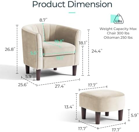 LINSY Accent Chair with Ottoman, Modern Barrel Chair Small Armchair Reading Chair with Footrest, Comfy Round Arms Chair for Living Room Bedroom Reading Room, Velvet, Cream