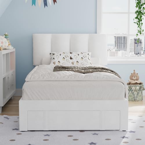 VECELO Twin Bed Frame with Storage Drawer, Heavy-Duty Platform Bedframe with Headboard & Strong Wooden Slats Support, No Boxing Spring Needed, Pure White