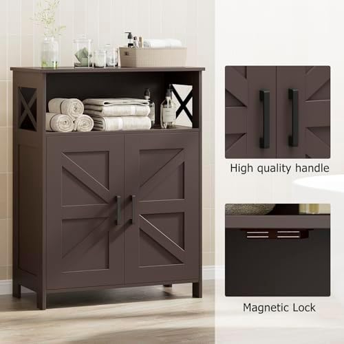 Homhedy Farmhouse Bathroom Storage Cabinet with Doors, Small Floor Cabinet | Toilet Paper Cabinet with Adjustable Shelf, Freestanding Storage Cabinet for Kitchen/Laundry/Living Room, 24"W, Brown