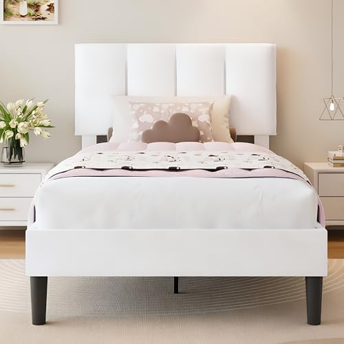 VECELO Twin Size Bed Frame with Upholstered Headboard, Pure White