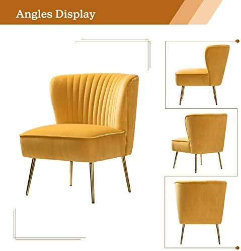 HULALA HOME Velvet Accent Chair, Modern Upholstered Cute Side Chair with Gold Metal Legs, Armless Wingback Slipper Chair Comfy Living Room Chair for Bedroom Guest Room Vanity,Mustard