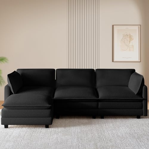 ROWHY 112'' Modular Sectional Cloud Couch with Movable Ottoman, 4 Seat Modern Chenille Sofa, Deep Seat L Shaped Couch for Living Room Bedroom Apartment,Jet Black