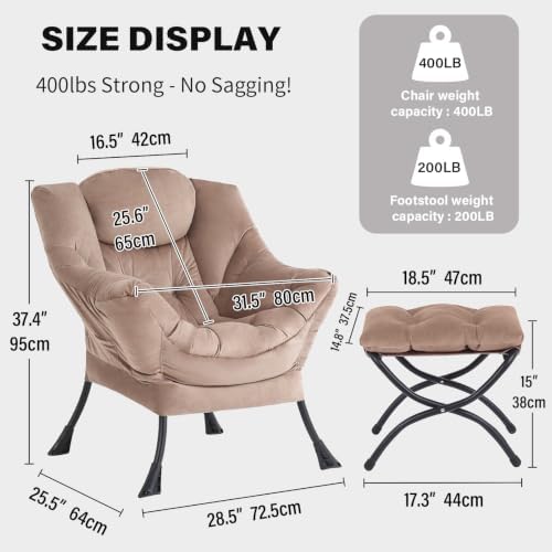 Tiita Lazy Chair with Ottoman, Comfy Reading Accent Chair, Velvet Khaki