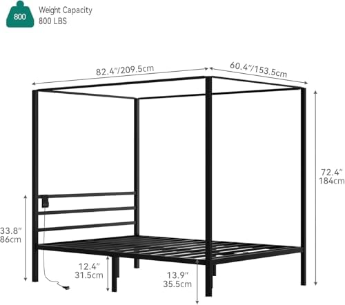 YITAHOME Canopy Bed Frame, Four Poster Platform Bed with USB Charging Station, Metal Bed Frame with Slats Support, 12.4 inch Underbed Storage, No Box Spring Needed, Black, Queen Size