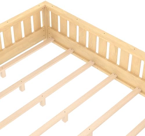 Bellemave Queen Size Floor Bed with Slats and Safety Guardrail, Queen Size Montessori Floor Bed with Fence and Built-in Bookshelf, Easy Assemble Montessori Beds for Girls, Boys, Light Natural