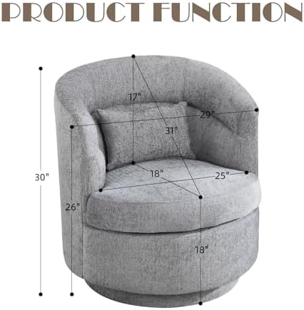 CANMOV Swivel Accent Chair, 360 Degree Round Swivel Barrel Chair with Pillow, Upholstered Comfy Barrel Armchair Single Club Sofa Chair for Living Room,Bedroom, Reading Room, Dark Grey