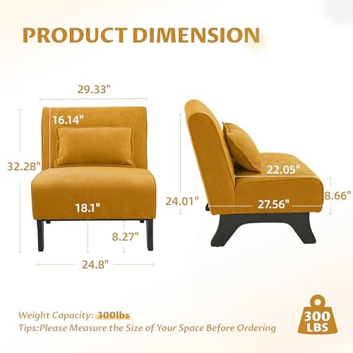 Upholstered Armless Accent Chair Set of 4,Modern Comfy Living Room Chairs with Wooden Legs& Pillows,Lounge Sofa Side Chair for Bedroom Farmhouse Reading (4 PCS, Yellow)