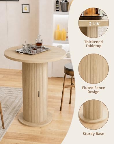 Bar Table with Storage and Sliding Door, 39.4” H 31.5” W Small Round Kitchen Table, Home Bar High Top Cocktail Table for Kitchen, Coffee Bar, Living Room, Oak