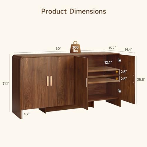 ComfyCorner 60" Sideboard Buffet Cabinet, Large Curved Design, Walnut