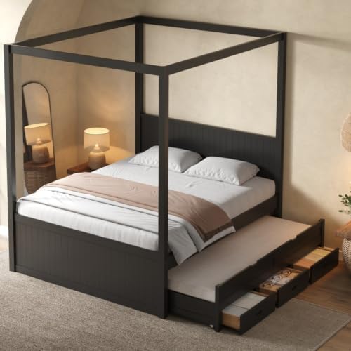 SANOFI Full Size Wood Canopy Bed with Twin Size Trundle, Black
