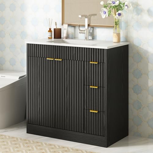 CARPETNAL 36 Inch Bathroom Vanity with Sink, Black. | Modern Fluted Bathroom Vanity with Sink with Storage Cabinet, Adjustable Shelf and 2 Soft Closing Doors & 3 Drawers.