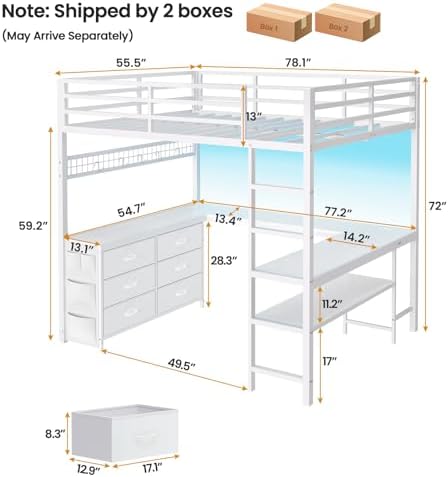 ADORNEVE Loft Bed Full Size with U-Shaped Desk, 6 Storage Drawers,White