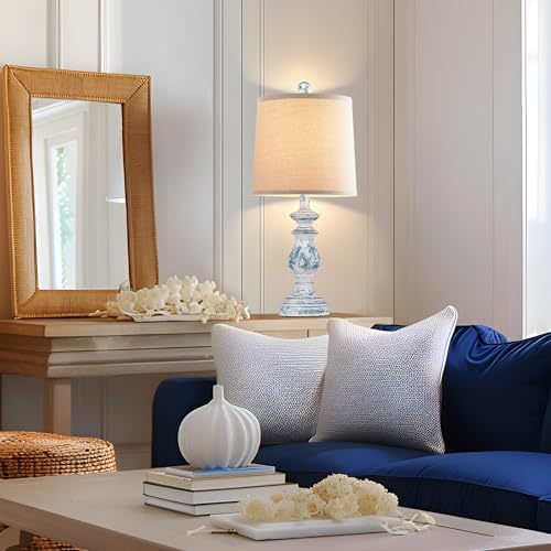 PARTPHONER Traditional Table Lamp Set of 2, Rustic Farmhouse Table Lamps for Living Room Bedroom, 22" Bedside Desk Lamps Vintage Nightstand Lamps with Linen Shades, Washed Blue