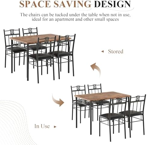 VECELO Dining Table Set for 4, 5-Piece Wood Kitchen Table with Upholstered Padded Chairs for Small Space, Breakfast Nook, Space-Saving, Brown