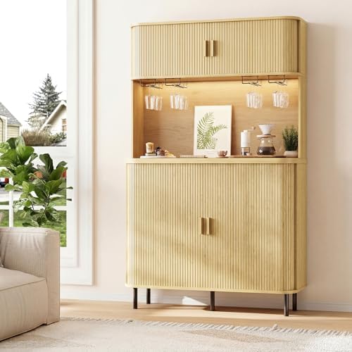 ONBRILL 71" Tall Fluted Wine Bar Cabinet with Storage Oak