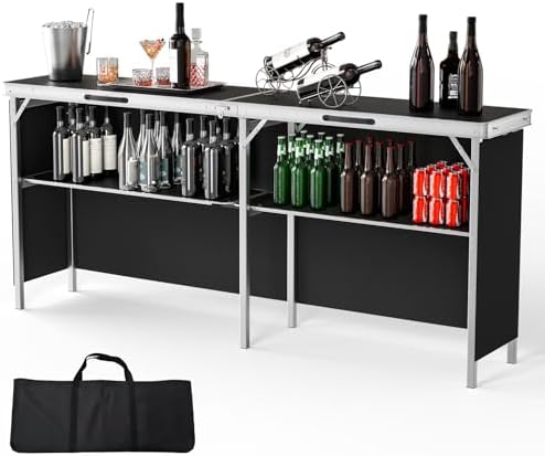VINGLI 78" Portable Bar Table, 2-Tier Shelves, Mobile Bar Table for Events, Party, Camping, Picnic, Tradeshow, Indoor with Black Skirt (1, 78")