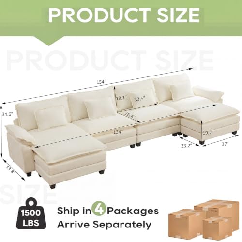Oprisen 154" Modular Sectional Sofa, Comfy Deep Cloud Couch with Ottoman