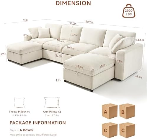 Ihanherry 141" Oversized Cloud Sectional Couches for Living Room, Modular Sectional Sofa with Wide Deep Seat, U Shaped Couch with Throw Pillow and Storage Ottoman, Beige