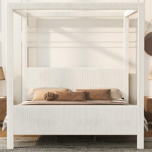 King Size Canopy Bed with Upholstered Headboard & Footboard, Beige