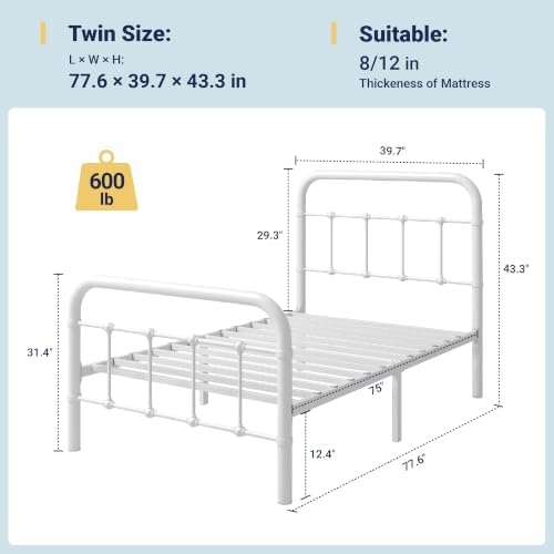 Allewie Twin Metal Bed Frame with Victorian Iron-Art Headboard, White