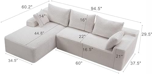 95" L-Shaped Left Facing Cloud Sectional Couch for Living Room, Modular Compressed Boneless Sectional Sofa Corduroy Boneless Corner Foam Sofa W/Chaise Lounge and Pillows