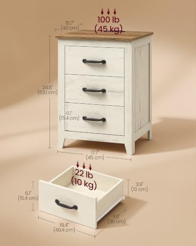 VASAGLE Farmhouse Nightstand with Charging Station, 3 Drawers