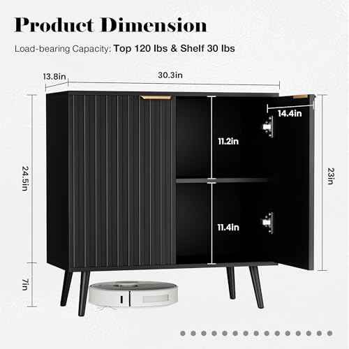 Set of 3 Fluted Storage Cabinet, Buffet Cabinet with Storage, Wood Sideboard with Adjustable Shelf, Modern Accent Cabinet & Console Table for Entryway, Living Room, Dining Room, Black